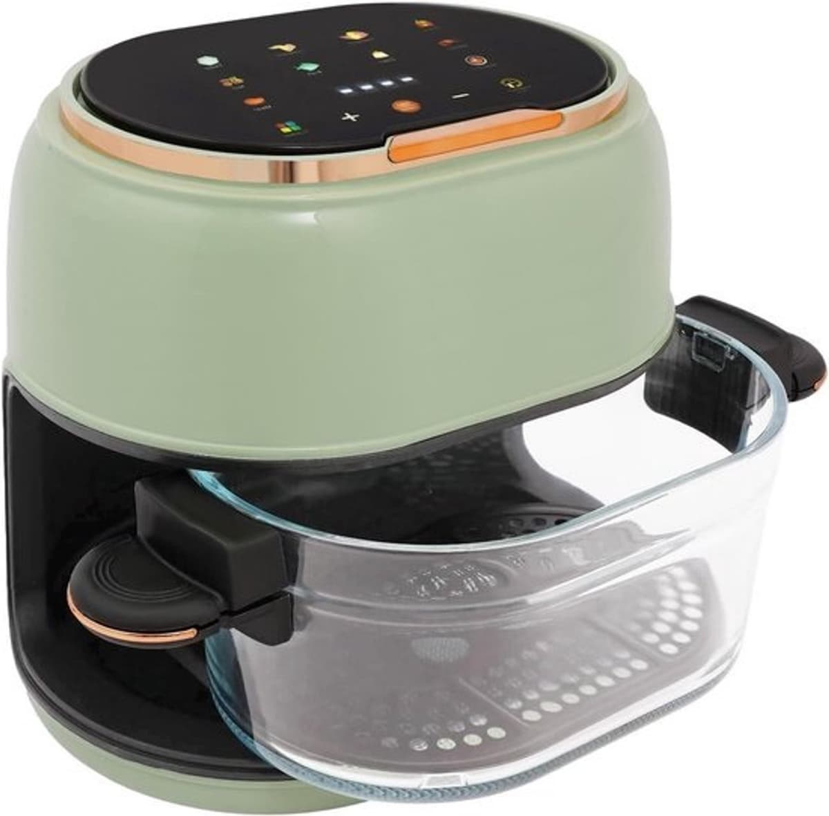 Heteluchtfriteuse met glazen mand - Airfryer met touchscreen - Koken met zicht op eten - Zichtbare kookmand - 4 Liter - Groen Zwart — afbeelding 1