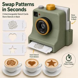 Koffieprinter - 3D Latte Art Printer - Printer - Latte Art Camera met één klik - Inclusief vier kaarten - Gebruiksvriendelijk - Herbruikbaar poedergereedschap - Geschikt voor cappuccino's en lattes - Groen - Willekeurige kaarten — thumbnail 5