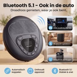 Sencision Draagbare CD Speler met Bluetooth 5.1 - Discman - CD Speler met Speakers - USB-C Oplaadbaar - Anti-Shock - Oordopjes en Opberghoes - Zwart — thumbnail 2