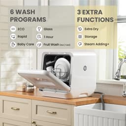 Mini Vaatwasser Vrijstaand – Volautomatische Tafelvaatwasser met 6 Wasprogramma's, Stoomreiniging en Ventilatie – Wit — thumbnail 5