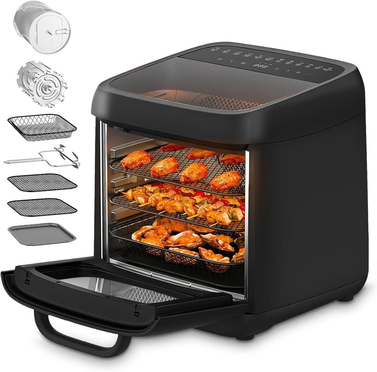 12 liter heteluchtfriteuse, 12-in-1 heteluchtfriteuse met 8 accessoires, oven, grill, droogautomaat, 1800 W Air Fryer zonder olie met 2 grote kijkvensters, 80-200 °C, zwart — afbeelding 1