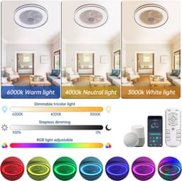 COVREO Plafondventilator met verlichting en afstandsbediening – Ventilator met RGB-licht – voor slaapkamer – 48,26 cm – Wit — thumbnail 4