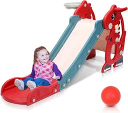 4-in-1 kinderglijbaan, opvouwbaar, kinderglijbaan met basketbalmand, glijbaan jaar, indoor en outdoor glijbaan, babyglijbaan, tuinglijbaan, rood — thumbnail 1