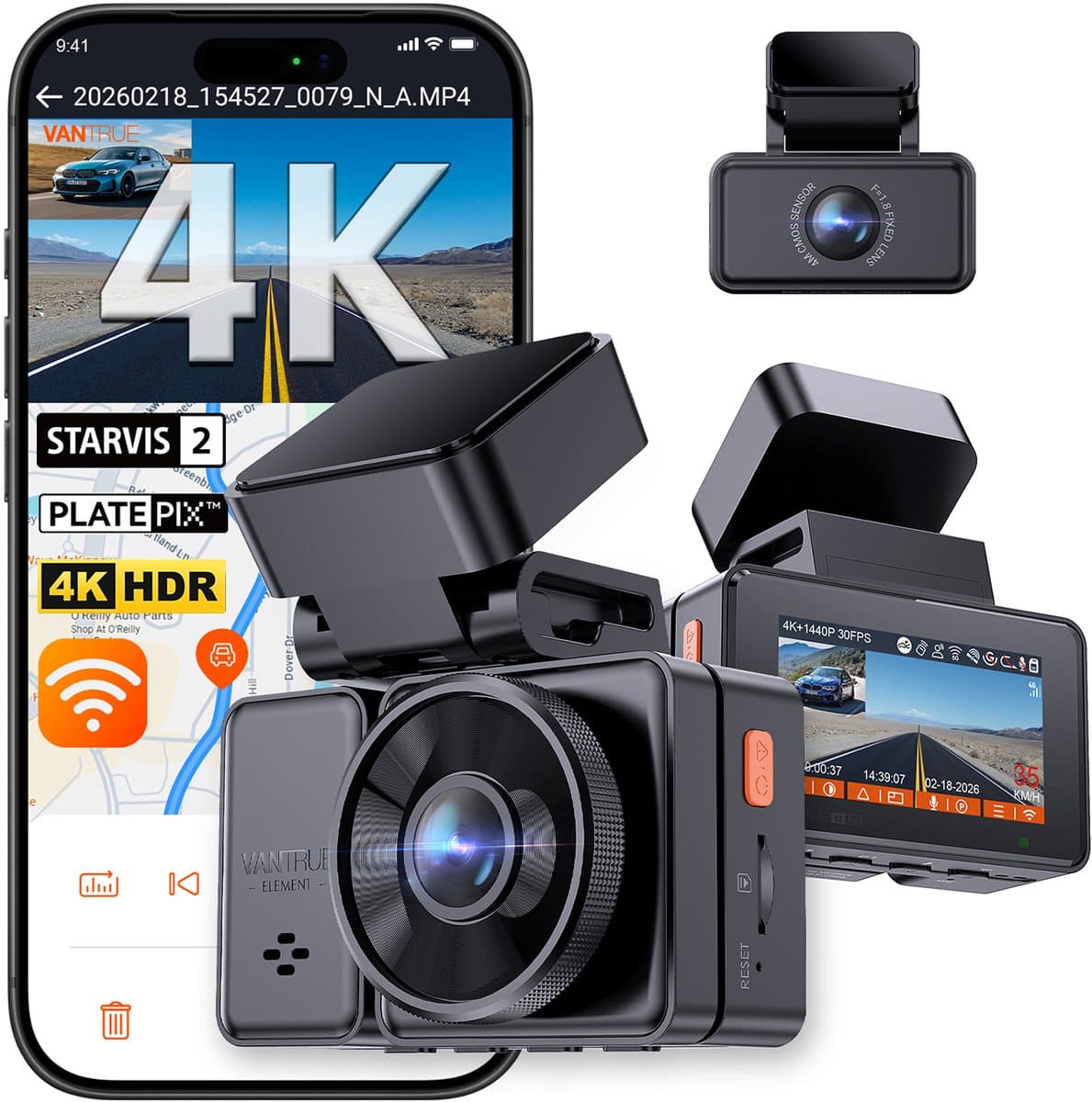 Vantrue E2 Pro Dashcam voor- en achterkant, verbeterde achteruitcamera 2,5K, dashboardcamera 4K+2,5K voor auto's, WiFi, GPS, nachtzicht, 24H parkeermodus, IPS 2,45", ondersteuning voor 1TB — afbeelding 1