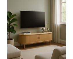 Fameilleur Design TV-meubel 160x50x40 cm – Houtlook met Latjes & Zwarte Pootjes – TV-Kast met Schuifdeuren – Kabeldoorvoer – Moderne Scandinavische Stijl – Bruin-TV Meubel voor Woonkamer – Japandi TV Kast-houten tv meubel- tv kast- televisie meubel-