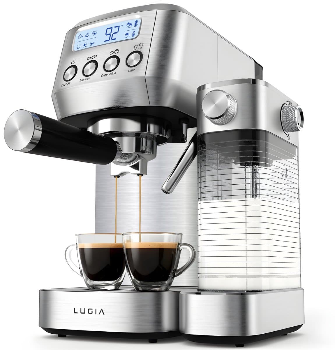 Lugia Pistonmachine 20 Bar - Koffiemachine met Automatische Melkopschuimer - Espressomachine - Led display - 20 bar - Ccappuccino, latte en macchiato - RVS Lugia — afbeelding 1