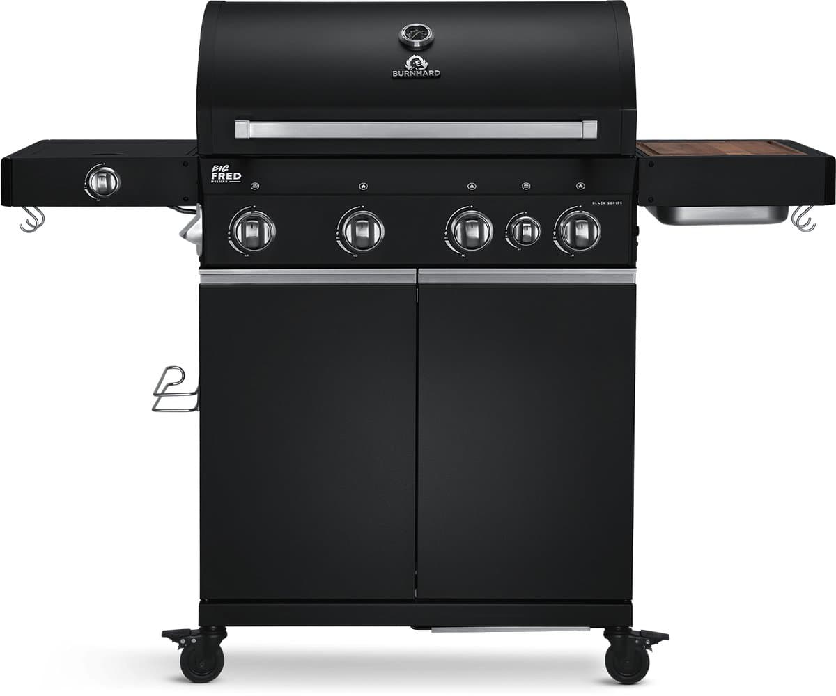 BURNHARD® 4 Branders gasbarbecue Big FRED Black Series 3 incl. achterbrander, keramische 900°C infraroodbrander, zijkookplaat, gietijzeren grillrooster + uitklapbare zijtafels — afbeelding 1