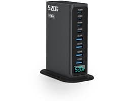 Staza 520W 8-Poorts USB Oplaadtoren - Snellader 100W - 4x USB-C PD 100W + 4x USB-A QC 30W - GaN Technologie - Geschikt voor Smartphone, Tablet en Laptop - Zwart