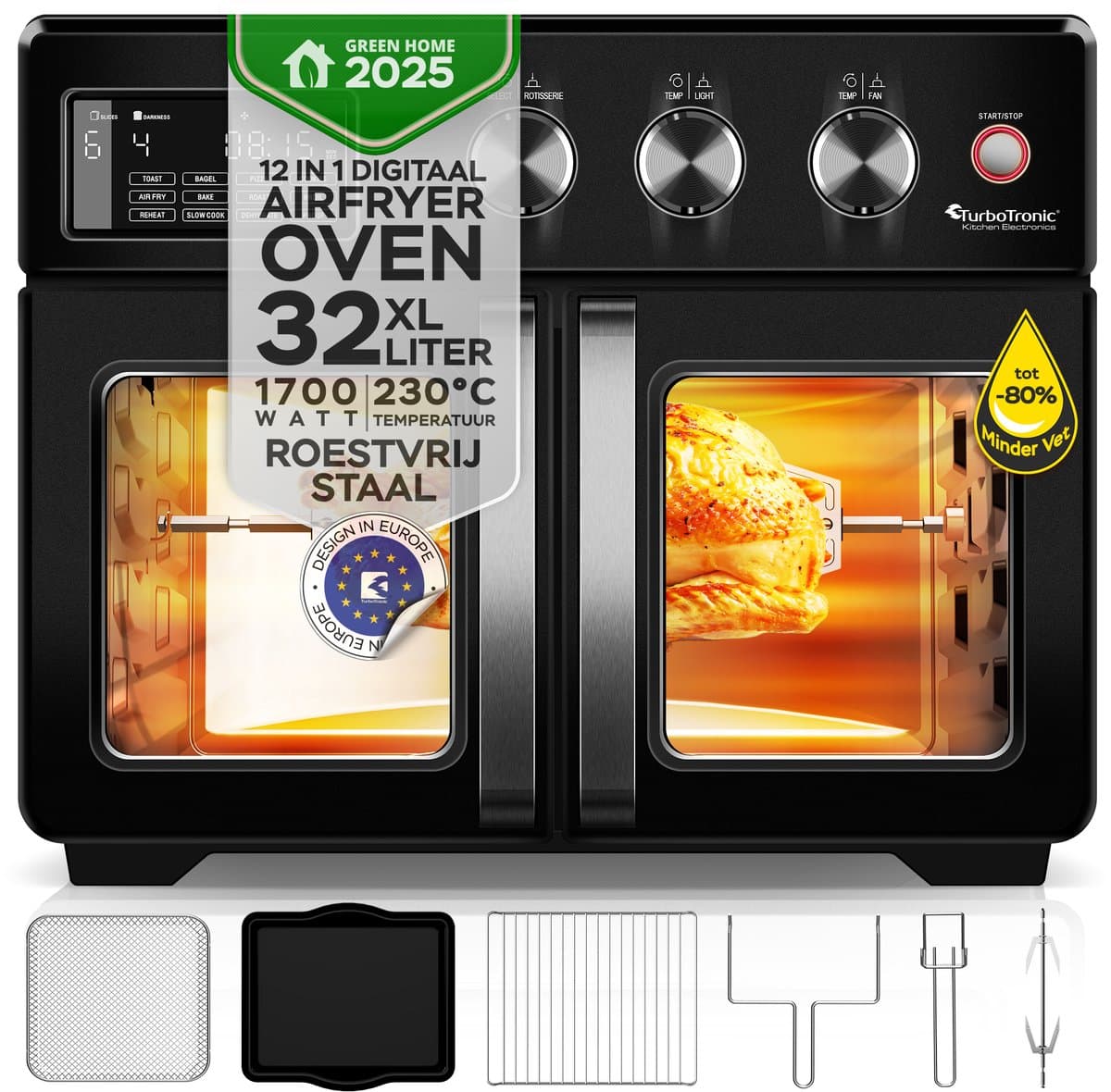 TurboTronic AFD32 Airfryer XXL en Oven – 12 Kookprogramma's – Vrijstaande Mini Oven – Instelbaar van 25 tot 230°C - 32L - Zwart — afbeelding 1