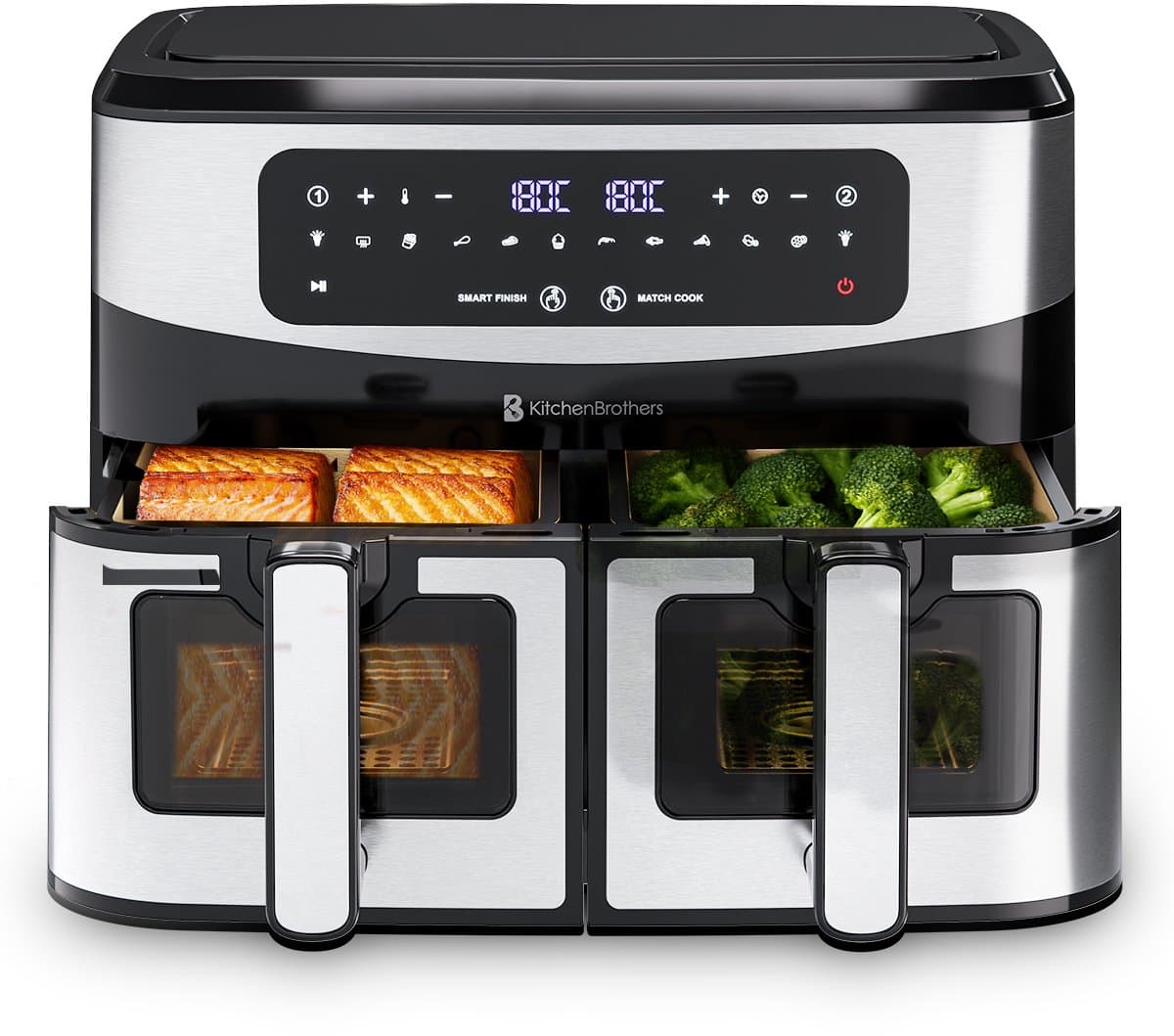 KitchenBrothers Dubbele Airfryer - PFAS-Vrij - 2400W - Dual Zone - 9L - Heteluchtfriteuse - Airfryer XXL - 2 x 4.5L - 10 Kookprogramma's - RVS/Zwart — afbeelding 1