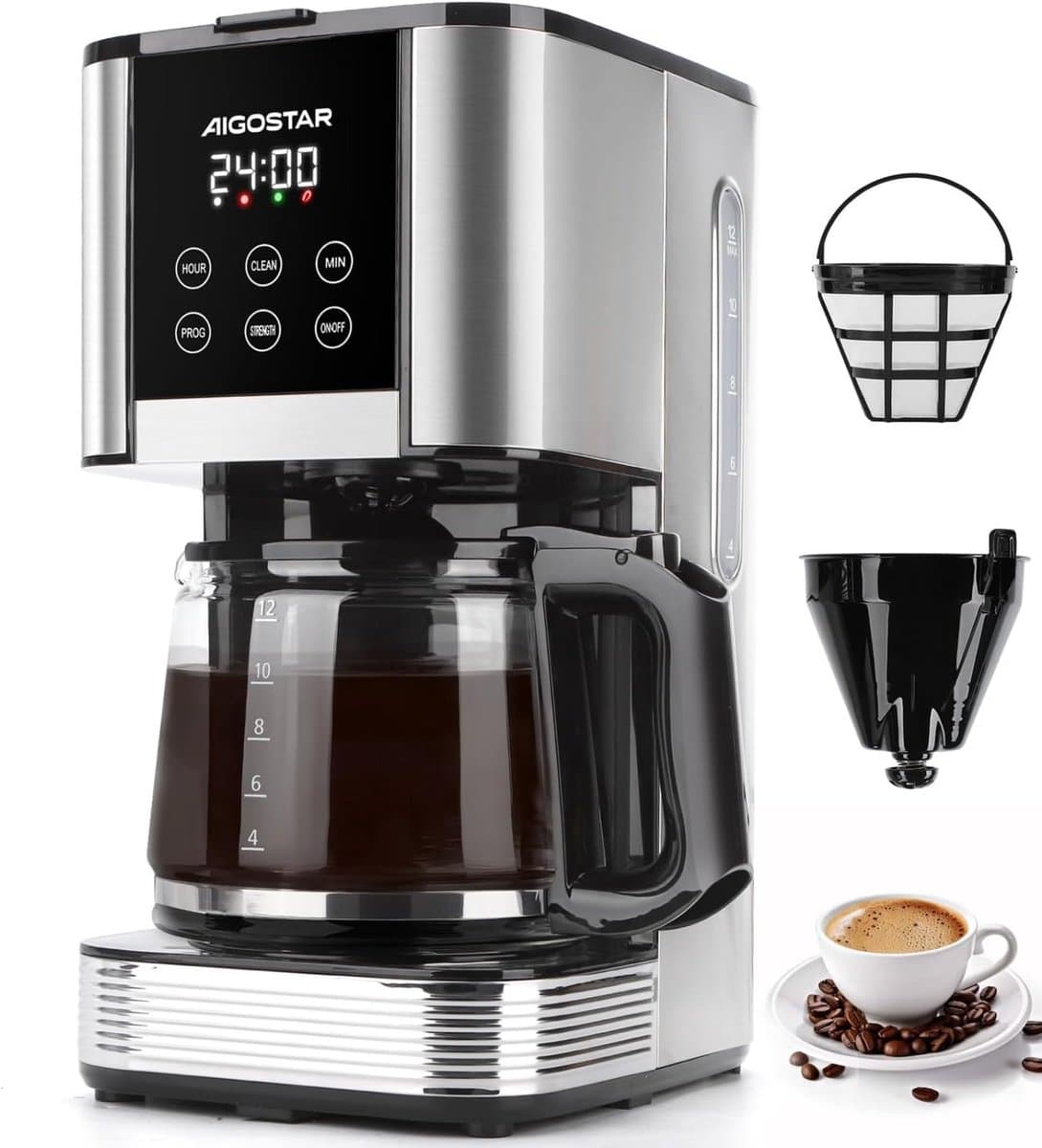 Aigostar Cora - Koffiezetapparaat - 1,5 liter - 12 kopjes - Display met timer - Filterkoffie - met Glazen Kan - 1000W - RVS/Zwart — afbeelding 1