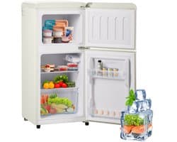 Retro koelkast. Vriescombinatie. 88,8 cm hoog, 45,5 cm breed, tweedeurs, met een totaal volume van 60 liter, een vriescapaciteit van 22 liter. 102 kWh/jaar, -27 °C ∽ 13 °C, ledverlichting. Crèmewit, energieklasse E.