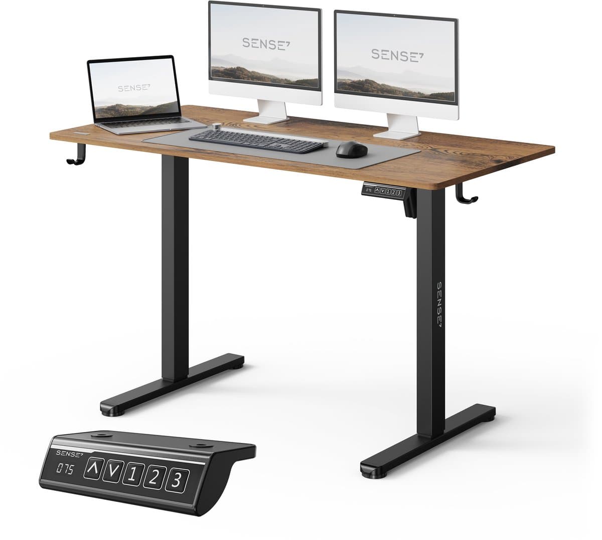 SENSE7 NOJO LIGHT - Zit Sta Bureau - 120 cm x 60 cm - Elektrisch bureau - Verstelbare bureau - Elektrische Hoogteverstelling - Hoogte 72-118 cm - Intelligent Bedieningspaneel - Donkerbruin — afbeelding 1