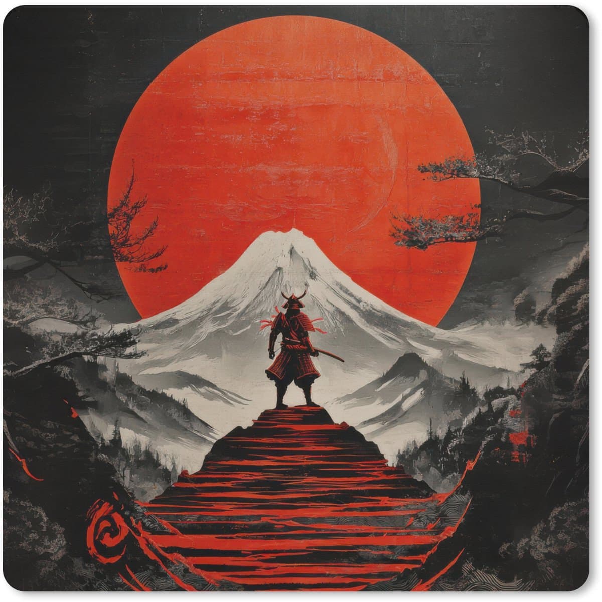 Muismat XXL 40x40 cm - Bureau onderlegger - Bureau mat Krijger - Rode trappen - Zon - Berg - Bureaumat - Gaming mousepad xl - Bureaulegger groot - Computer deskmat — afbeelding 1