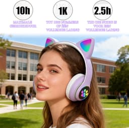 longziming Draadloze Kinder Koptelefoon – Cat Headphones met LED Oortjes – Bluetooth Hoofdtelefoon– Bluetooth 5.0 – Licht Groen – Met Verlichting – Opvouwbare opbergruimte – Lichtpaars — thumbnail 5
