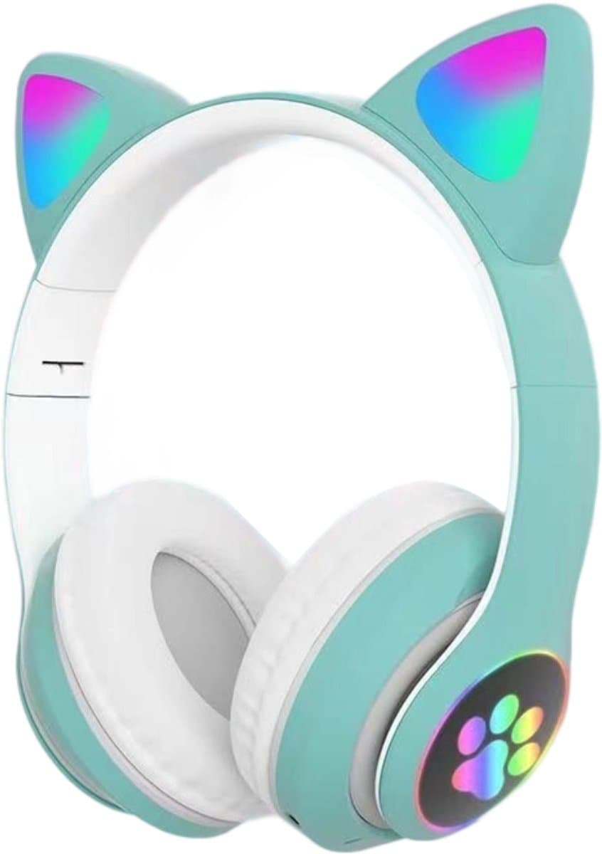 longziming Draadloze Kinder Koptelefoon – Cat Headphones met LED Oortjes – Bluetooth Hoofdtelefoon– Bluetooth 5.0 – Licht Groen – Met Verlichting – Opvouwbare opbergruimte – Groen en wit — afbeelding 1