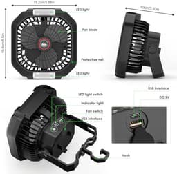 Oplaadbare USB Campingventilator met 10400 mAh - Stille Tafelventilator met 4 Snelheden en Verstelbaar LED Licht — thumbnail 5