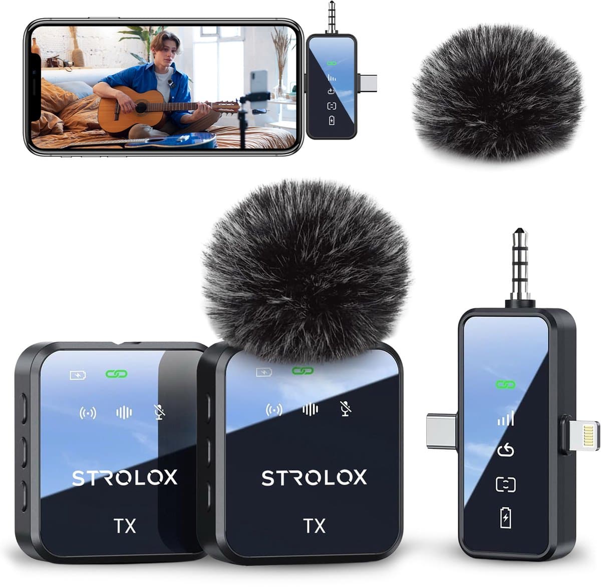 Strolox® Draadloze Microfoon Pro - 2 Stuks - Oplaadcase - Lavalier - Windshields - Dasspeld - Lange Batterij - USB-C/Lightning - Plug & Play — afbeelding 1