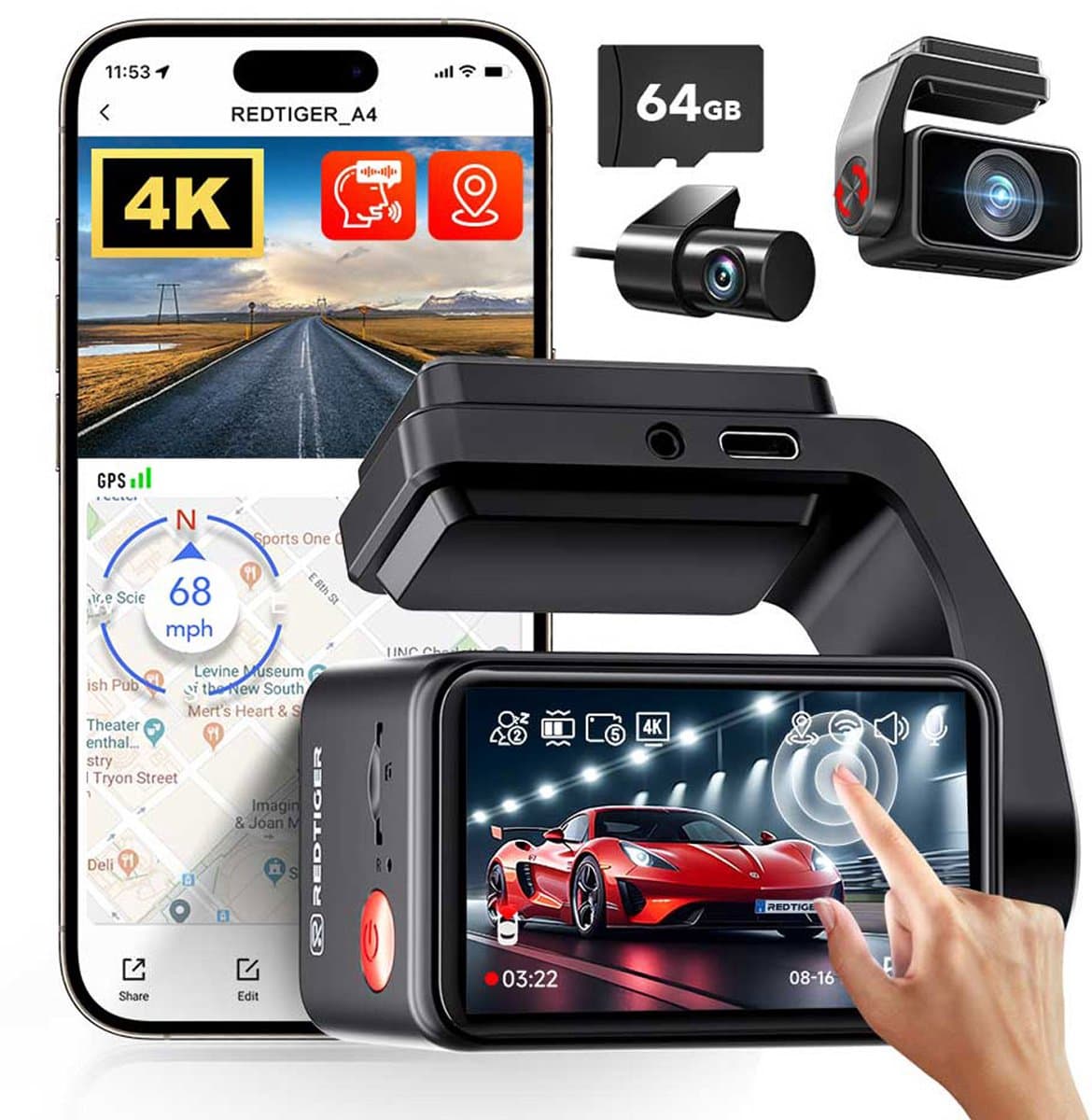 Redtiger A4 4K Touch Wifi Gps 2CH 64gb dashcam - Auto camera voor en achter - Wifi en Gps - Parkeermodus - 2,2 inch touch screen Lcd - 4K resolutie - 64gb Micro SD kaart - dashcam voor auto — afbeelding 1