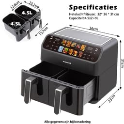 Digitale Airfryer XXL 9L Sinaopus 901 – Heteluchtfriteuse met Dubbele Mand en DualMand Onafhankelijke Snelle Opwarming – Voor Gezinnen – 10 Programma’s – Kijkvenster – Makkelijk te Reinigen – Capaciteit voor 5 Personen — thumbnail 5