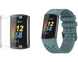 Strap-it Siliconen Smartwatch band + TPU Case (Transparant) - Geschikt voor Fitbit Charge 6 siliconen band met gaatjes - Grijsblauw - Strap-it Horlogeband / Polsband / Armband - Sportarmband - Silicoon