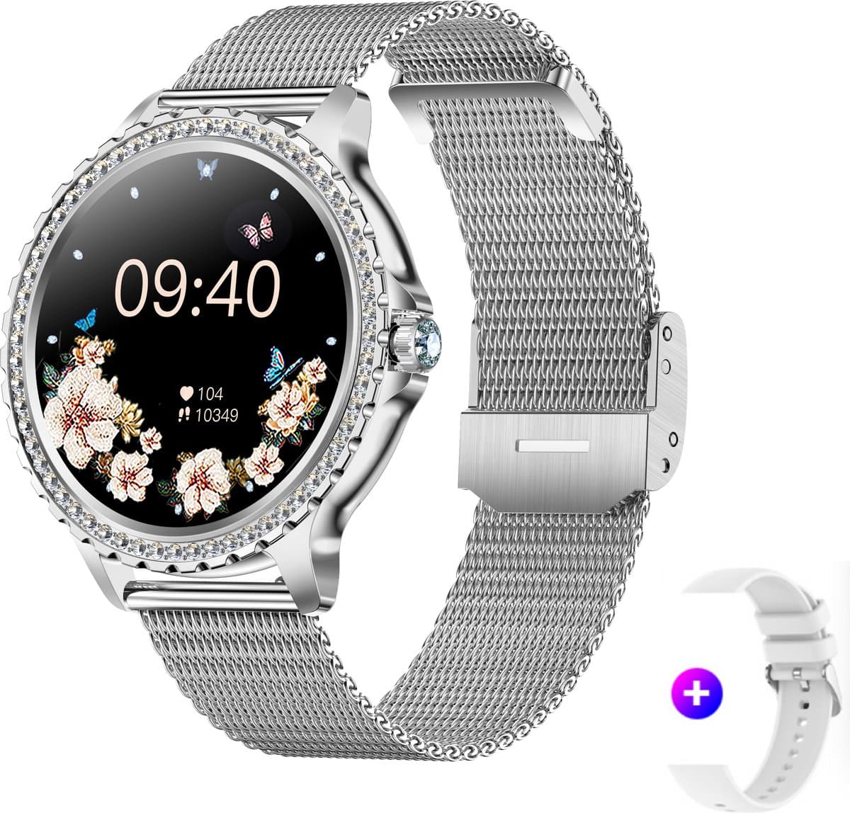 Knobbout 1.32” Scherm Stijlvolle Dames Smartwatch met Diamanten – Bluetooth Bellen, AI Spraakassistent, Gezondheidsmonitoring, IP67 Waterdicht, Sportmodi- Zilver staal band met kristallen + extra siliconen band — afbeelding 1