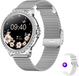 Knobbout 1.32” Scherm Stijlvolle Dames Smartwatch met Diamanten – Bluetooth Bellen, AI Spraakassistent, Gezondheidsmonitoring, IP67 Waterdicht, Sportmodi- Zilver staal band met kristallen + extra siliconen band — thumbnail 1
