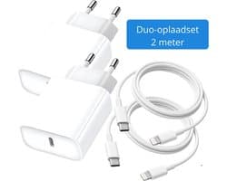 Gmedia Duo-oplaadset – 2x USB-C 20W Snelladers + 2x USB-C naar Lightning Kabels 2m – Wit – Geschikt voor iPhone & iPad