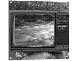 Tuinposter – Televisie op Stenen bij Rivier - 80x80cm Foto op Tuinposter  (wanddecoratie voor buiten en binnen)
