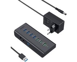 AUKEY USB-hub aangedreven opladen CB-H19, 7-poorts USB 3.0-hub met 3 oplaadpoorten, 4 USB 3.0-datapoorten, 12 V / 3 A stroomadapter, aan / uit-schakelaar voor laptop, pc, Mac, harde schijf harde schijf (zwart)