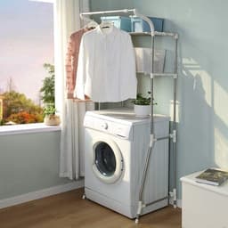 Opbergplank Toilet Boven de Wasmachine - Opbergrek Badkamer Ruimtebespaarder - 2 Planken Wasruimte Organizer met Ophangstang - Eenvoudige Montage - Verstelbare (62-101) x 173 x 48 cm Ivoor Wasmachine rek — thumbnail 5