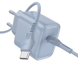 Hoco 25W Type C Snellader & Kabel - Blauw - USB-C naar USB-C Kabel (2 Meter) & Stekker - Snelle Oplader Geschikt voor telefoon en tablet