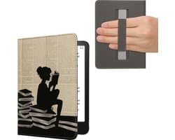 kwmobile e-reader hoesje geschikt voor Amazon Kindle Paperwhite (2024)/Colorsoft hoes - E reader flip case met magneetsluiting - Ereader cover - Meisje met boeken design in zwart / beige