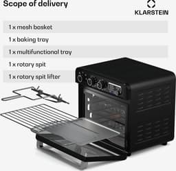 Klarstein AirGlaze heteluchtfriteuse – 34 liter, 2000 watt, 9 programma's, bediening met draaiknop, draaispit, panoramisch venster, accessoireset: grillrooster, braadmand, bakplaat, draaispit, zwart — thumbnail 2