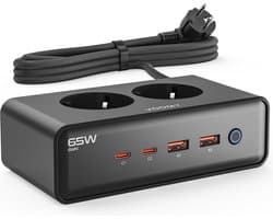 Voomy 65W Stekkerdoos - 2 USB-C & 2 USB-A Poorten - 2 Stopcontacten - Aan / Uit schakelaar - Snellader voor Laptop, Telefoon & Tablet - Oplader, Adapter, Verlengsnoer 2M - Zwart