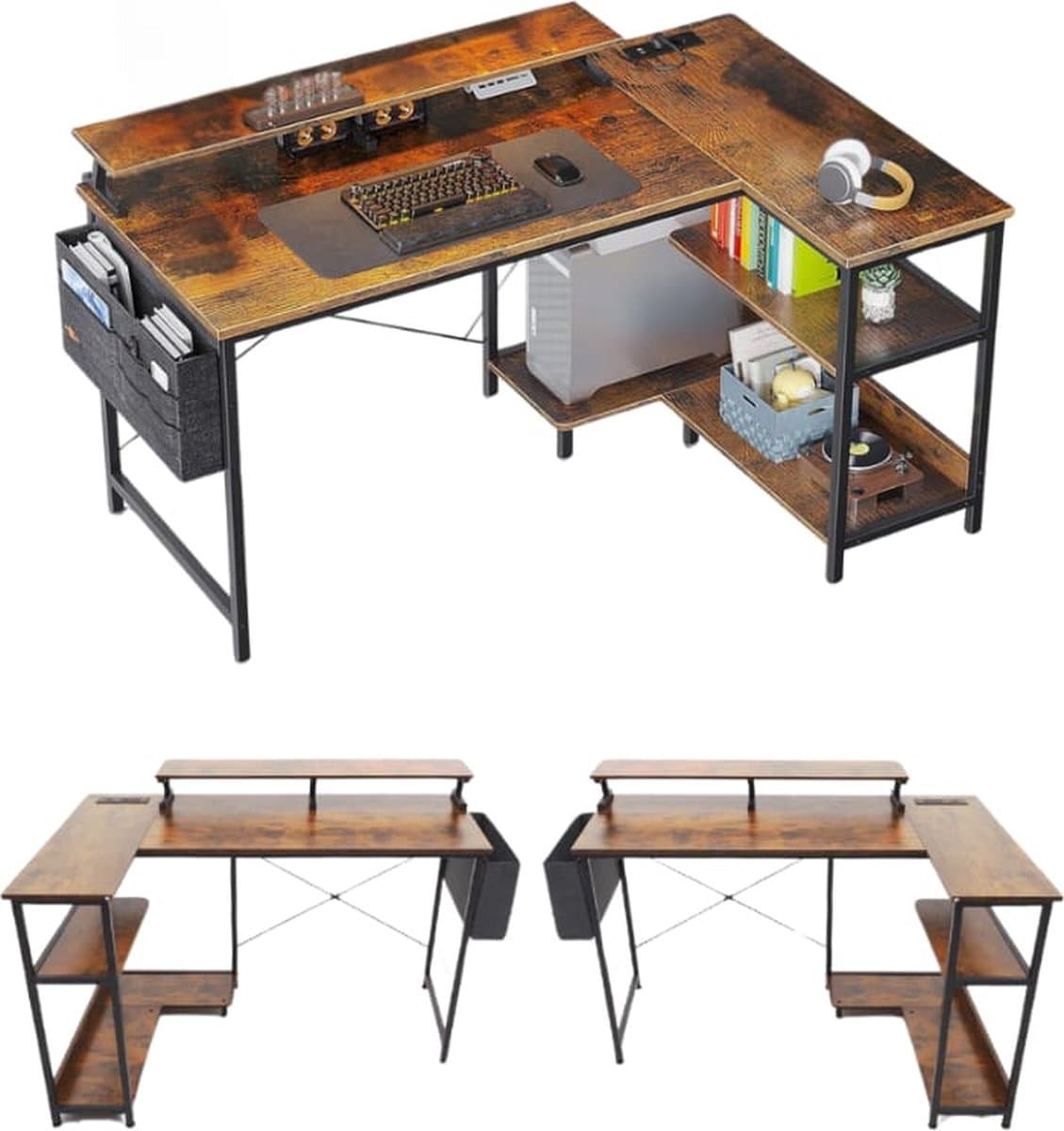 hoekbureau-L-vorm-120 x 80 x 88 cm-USB-oplaadpoort en stopcontact -gaming met rek-omkeerbaar-monitorrek voor kantoor-Bruin — afbeelding 1