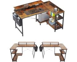 hoekbureau-L-vorm-120 x 80 x 88 cm-USB-oplaadpoort en stopcontact -gaming met rek-omkeerbaar-monitorrek voor kantoor-Bruin