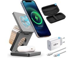 NexGen 3 in 1 Draadloze Oplader Bundel - 15W Snellader - Geschikt voor MagSafe, Smartphones, Apple Watch en AirPods - Opvouwbaar Oplaadstation - Wireless Charger - Grijs