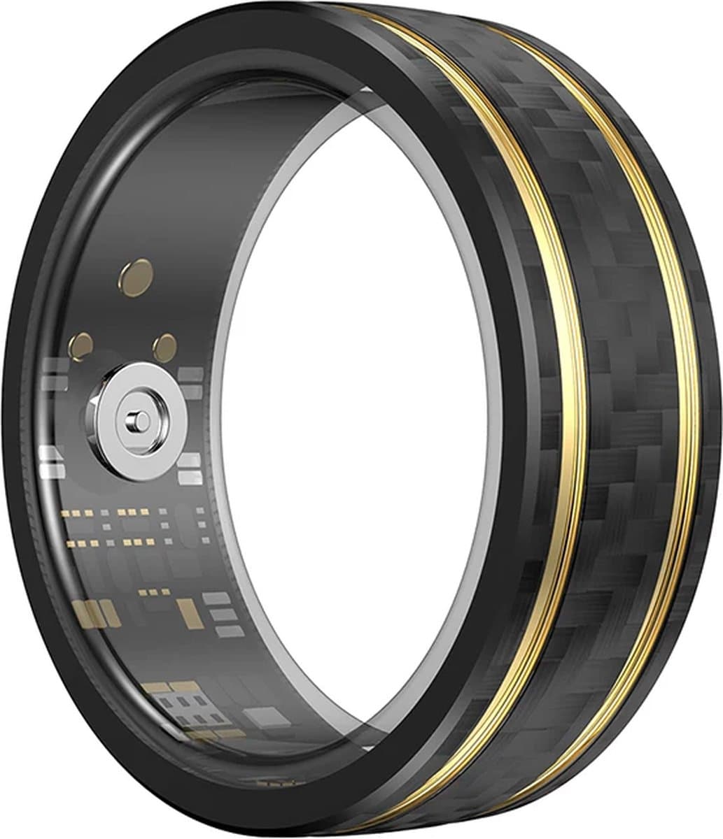 WizBay Premium Select® Aluminium Bi-Color Carbon Fiber Goud Smart Ring – Dames Heren – Oplaad Case - Hypoallergeen - Hartslag & Slaap Monitor - IP68 Waterdicht - O2 Meting - Gesture Functie - Multiple Sport Modi - Bi-Color Goud Zwart #08 — afbeelding 1
