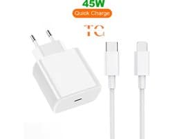Apple iPhone Compatible Power Adapter USB-C Snellader + 1 Meter Lightning Compatible naar USB C Kabel - Geschikt voor iPad/iPhone 7/8/X/11/12/13/14/Mini/Pro/Max Fast Charge Quick Lader Oplader - 45W - Wit