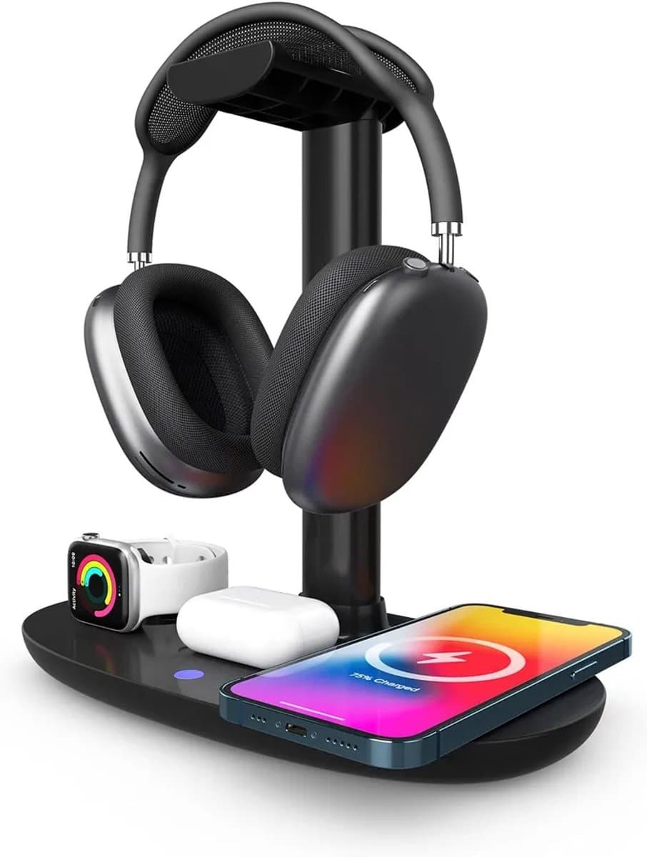 Hoofdtelefoonstandaard met draadloos opladen, gaming hoofdtelefoonstandaard, hoofdtelefoonhouder, hoofdtelefoonhouder met draadloos opladen (zwart) — afbeelding 1