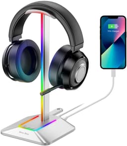 New Bee Z8 RGB Gaming Headset Houder – Koptelefoon Standaard met USB-C Poort – Laadt 2 Apparaten Tegelijk – Headset Stand met Verlichting – Universeel voor Gaming & Werkplek(zilver) — thumbnail 1