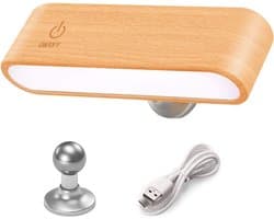 Dimbare LED-leeslamp voor boeken in bed - Draagbare, draadloze nachtlamp met houten afwerking