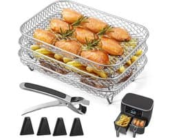 Airfryer Rek - 3 stuks gelaagde dehydrator rekken - RVS grillrek Rechthoekige - airfryer grillrooster - met clip en verhoogde voetjes - Geschikt voor Ninja Dual Airfryer