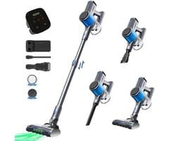 Novendo Goods - Steelstofzuiger 600W Draadloos - Draadloze stofzuiger - HEPA Filter - Zonder zak - 65 KPA Zuigkracht - Zelfstaand - LED verlichting - Licht grijs