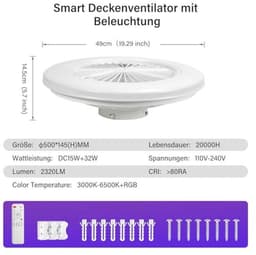 Plafondventilator met Verlichting en Afstandsbediening - 49 cm, RGB, Timer, 6 Snelheden, Traploos Dimmen — thumbnail 3