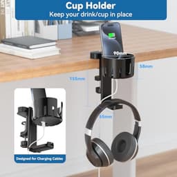2 in 1 Bureau Bekhouder met Hoofdtelefoon Hanger - Draaiende Onder Bureau Hanger voor Gaming - Geschikt voor Koffiemokken en Waterbekers — thumbnail 2
