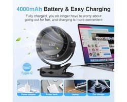 Draagbare USB Mini Desk Fan - 4000mAh, LED Scherm, 5 Snelheden, 360° Rotatie, Hangclip