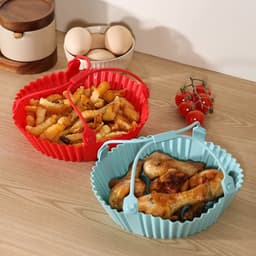 Siliconen bakvorm voor airfryer - Siliconen bakmat - Siliconen bakplaat - Siliconen voering voor airfryer - Multifunctionele siliconen bakmat - 20 x 4,5 cm - Hittebestendig - Met handvat - Geschikt voor airfryers, vlees, groenten en desserts - Blauw — thumbnail 6