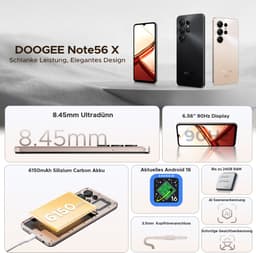 DOOGEE Note 56X - Smartphone - Android 16 - 24 GB RAM + 64 GB ROM / TF 2 TB - Octa core processor - 6,56 inch HD+ 90 Hz - 8 MP camera - 6150 mAh - 4G dual SIM - Face ID - GPS - OTG - Zwart — thumbnail 3